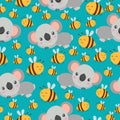 Seamless pattern with koala babies and yellow bees. Green background. Floral ornament. Flat ÃÂartoon style. Cute and funny